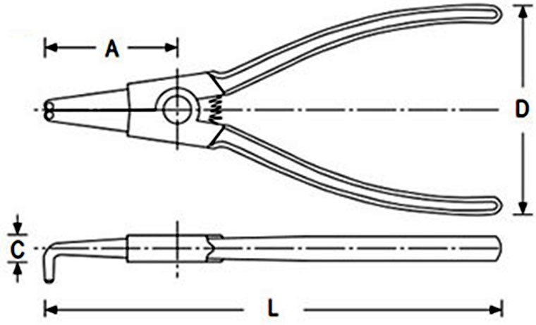 Stanley Circlip (Snap Ring) Plier Dimensions, 90 Degree Bent Type